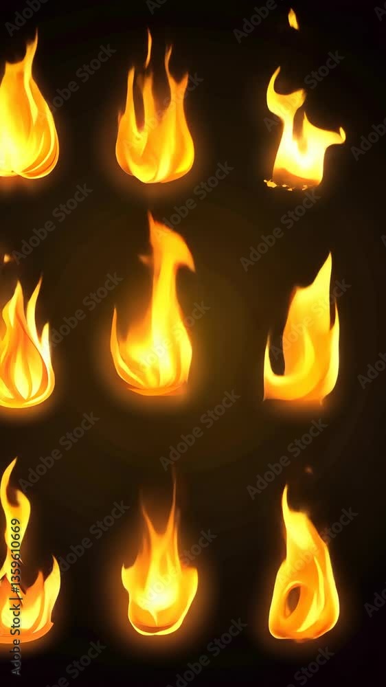 Various flame illustrations glowing brightly in a dark background showcasing different shapes and sizes Various flame illustrations glowing brightly in a dark background showcasing different shapes and sizes