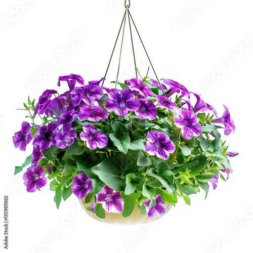 Hanging Basket Of Purple Petunias Isolated On Transparent or white.  Floral Design Element.