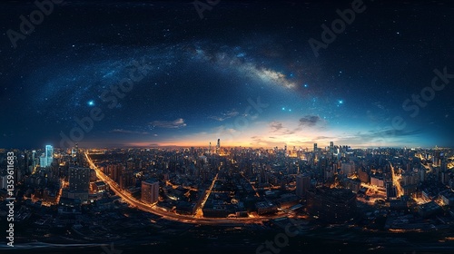 Wallpaper Mural A dazzling spherical HDRI night panorama, showcasing a city skyline with brightly lit buildings, glowing streets winding through the urban sprawl  Torontodigital.ca