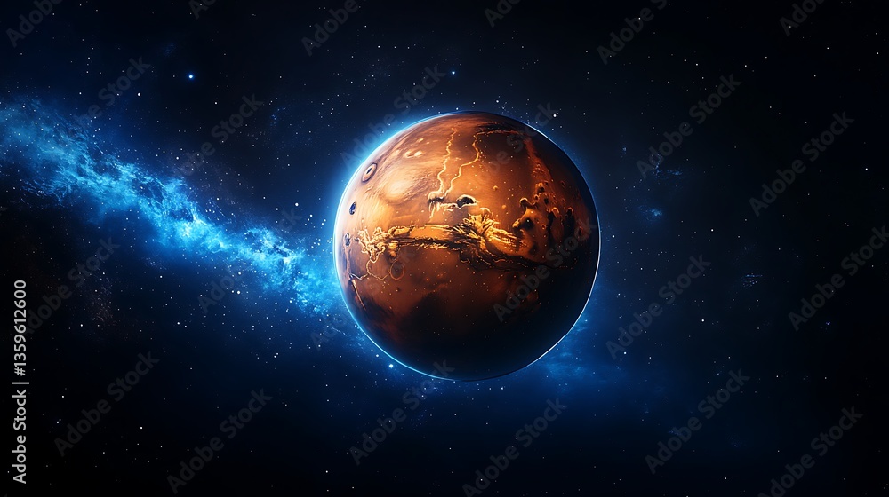 Fototapeta premium Digital Art of Mars in a Starry Galaxy, A digitally created image of a planet resembling Mars, surrounded by a starry galaxy