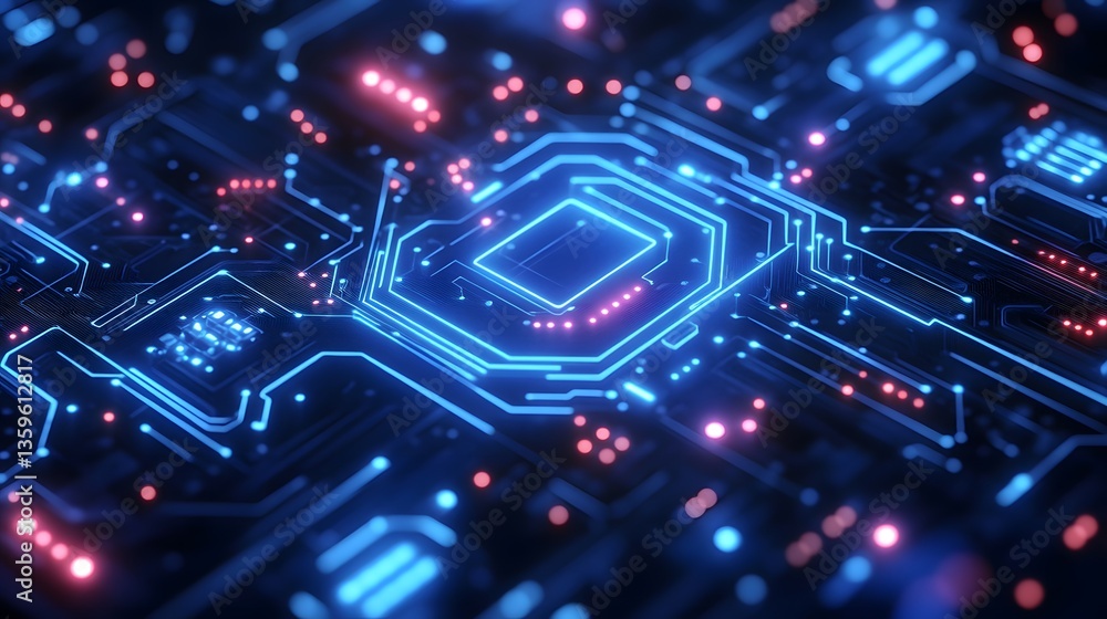 Close up of a glowing blue and red circuit board design Close up of a glowing blue and red circuit board design