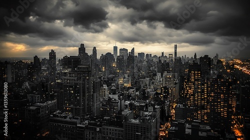 A dystopian Gotham drenched in darkness, faint lights glowing in jagged skyscrapers, the night sky filled with heavy clouds, ominous shadows creeping along the streets 