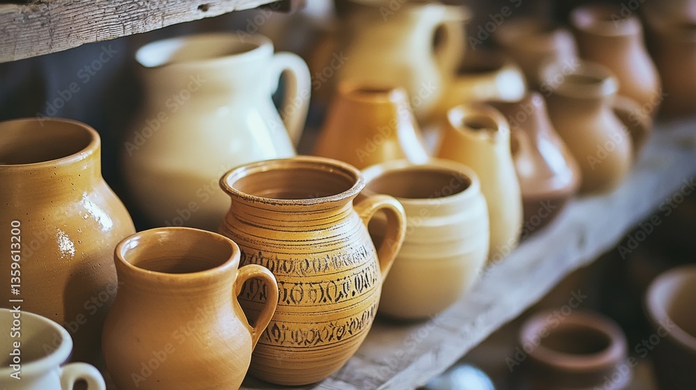 Handmade ceramic pottery on a wooden table Handmade ceramic pottery on a wooden table