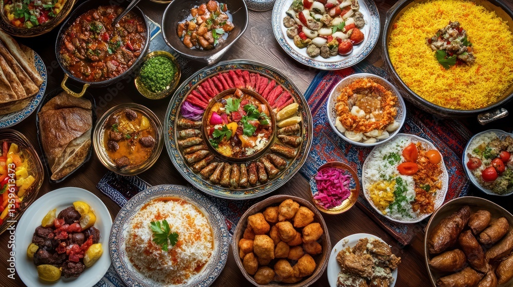 Festive spread of diverse Middle Eastern dishes in an abundant Eid dinner Festive spread of diverse Middle Eastern dishes in an abundant Eid dinner