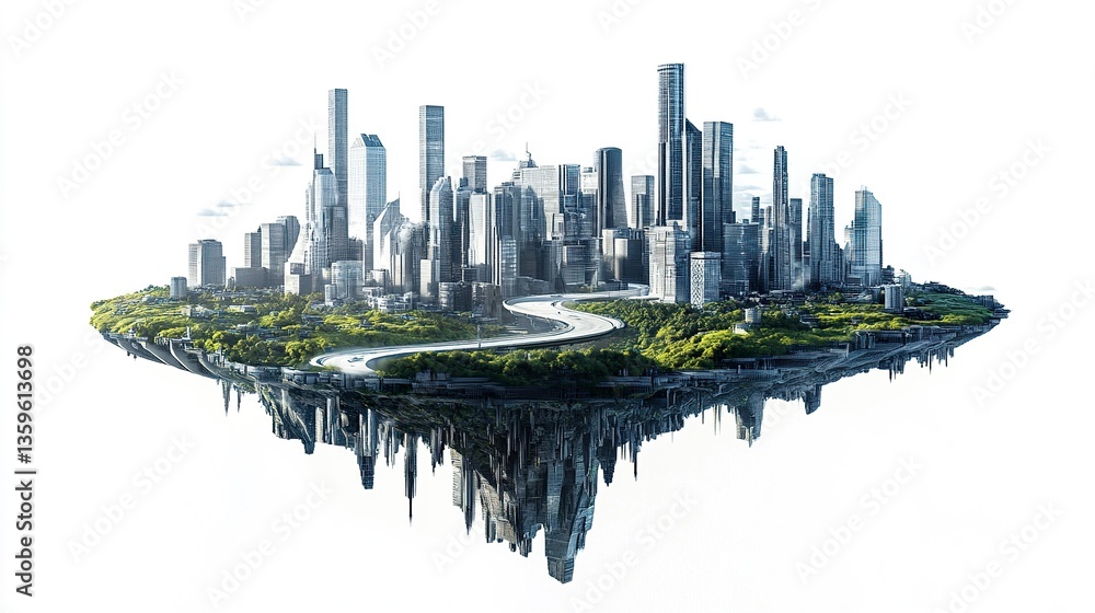 Fototapeta premium A futuristic flying island suspended in midair, featuring a sleek modern city with skyscrapers, a winding road cutting through greenery, all set against a clean white background 