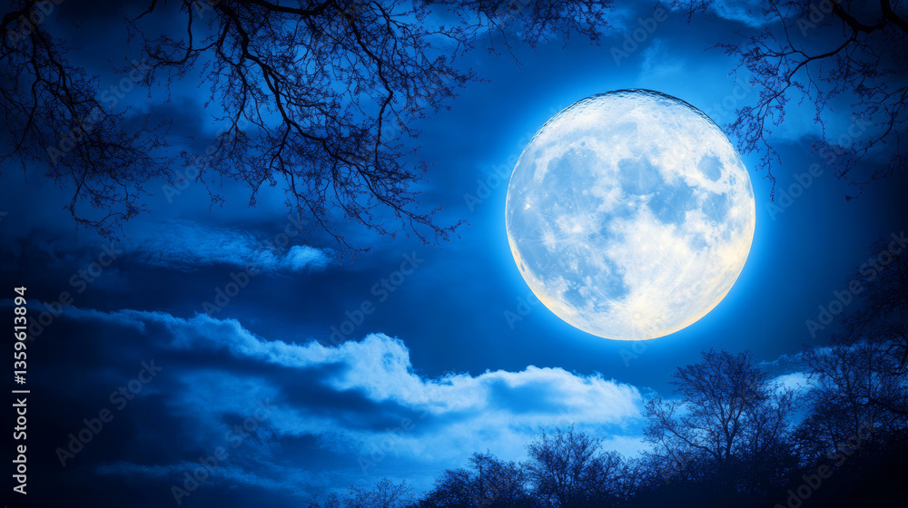Naklejka premium Glowing full moon in a dark night sky with silhouettes of tree branches and drifting clouds, perfect for seasonal themes, Halloween, nighttime stories, astronomy, meditation, and nature-based