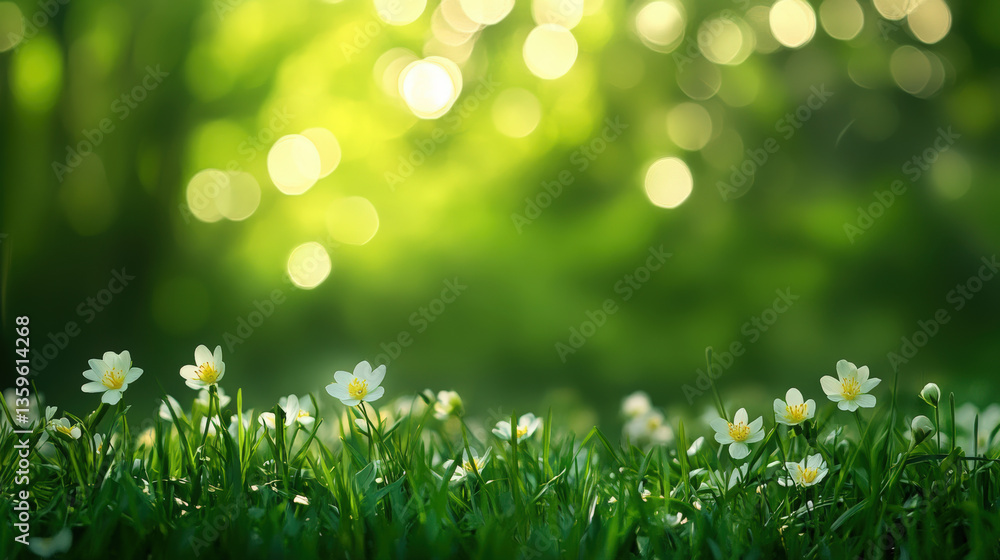Spring Meadow Blooms. A serene spring scene featuring delicate white flowers blooming in lush green grass, bathed in soft, diffused sunlight. Spring Meadow Blooms. A serene spring scene featuring delicate white flowers blooming in lush green grass, bathed in soft, diffused sunlight.