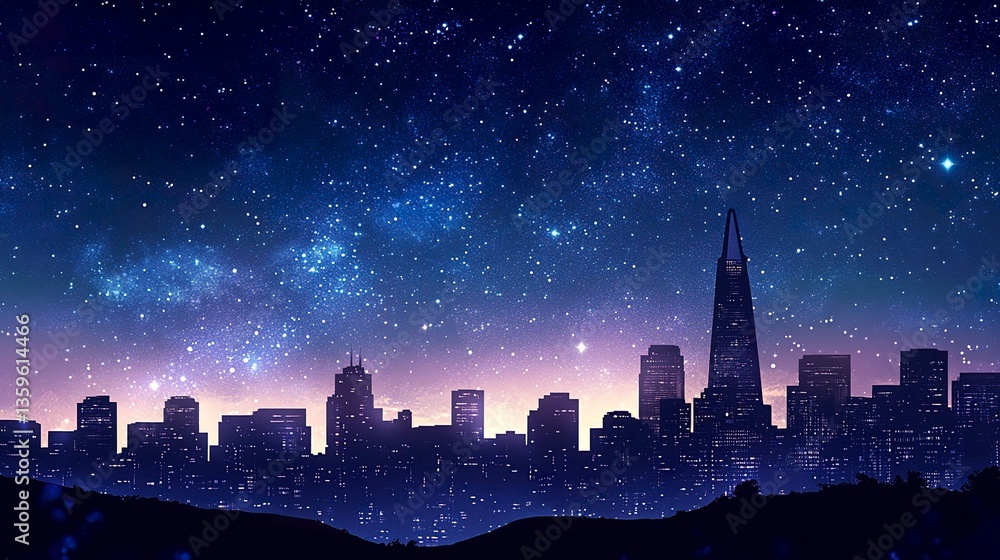 Fototapeta premium A glowing urban skyline at night, crisp stars shining brightly in a deep indigo sky, a faint silhouette of distant hills framing the city