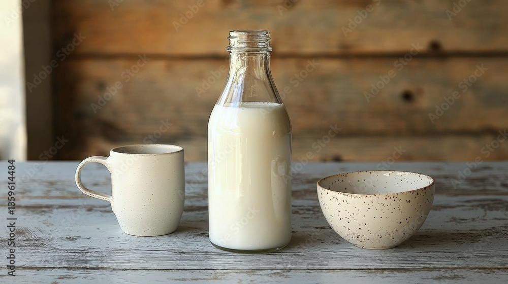 Minimalistic still life featuring a glass milk bottle and ceramic cup on wooden table Minimalistic still life featuring a glass milk bottle and ceramic cup on wooden table