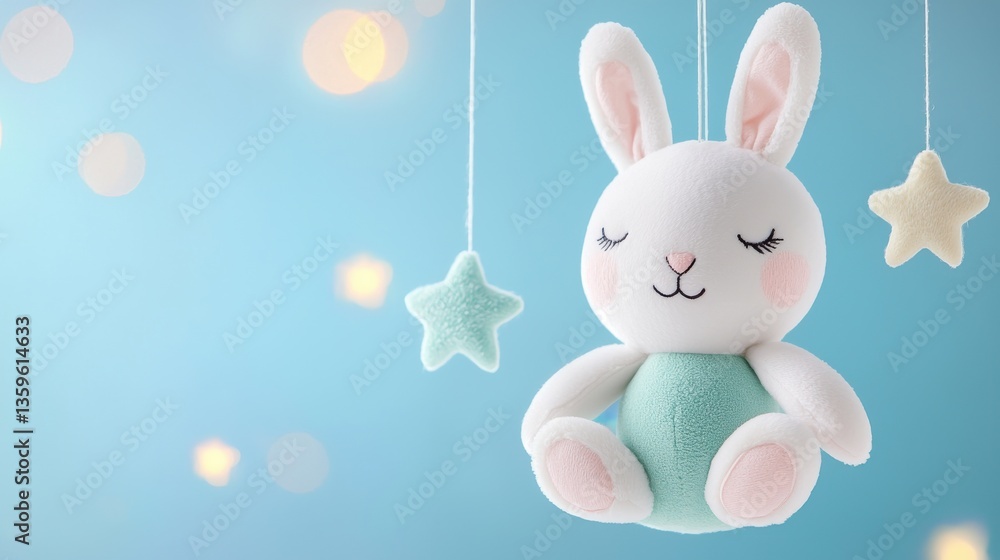 Fototapeta premium Adorable Plush Bunny Toy Hanging with Pastel Stars on Blue Background