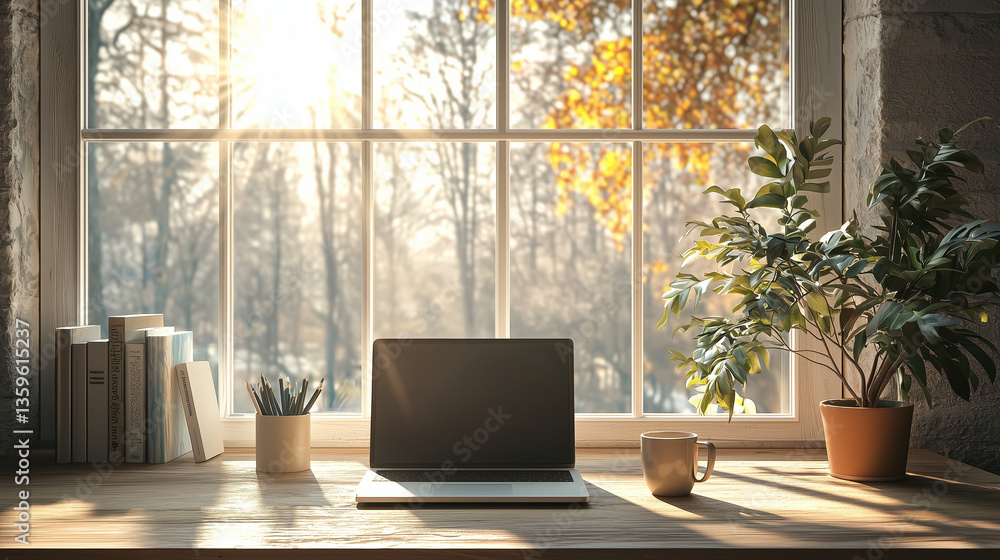 A Cozy Workspace Featuring a Sunlit Window Accompanied by Lush Green Plants and Decor A Cozy Workspace Featuring a Sunlit Window Accompanied by Lush Green Plants and Decor