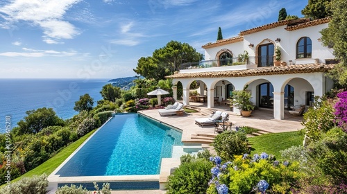A luxurious Mediterranean villa with whitewashed walls and large open terraces, perched on a hillside, its sparkling pool overlooking the endless blue of the horizon 