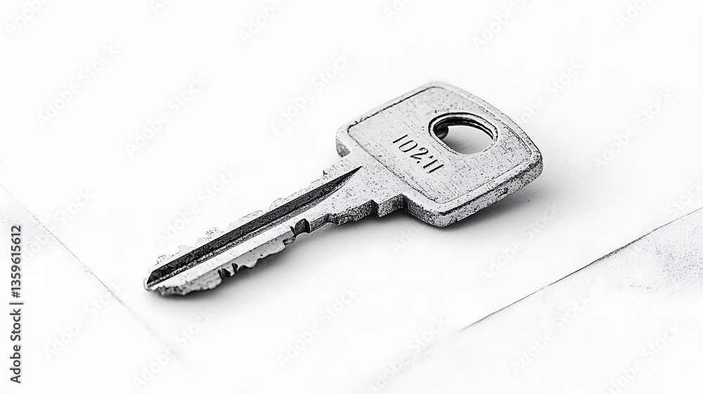 Isolated metal key with markings on white surface, angled view Isolated metal key with markings on white surface, angled view