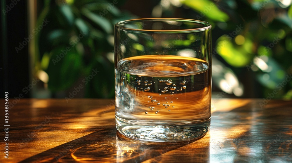 Pure glass of water on wooden table illuminated by morning sunlight Pure glass of water on wooden table illuminated by morning sunlight