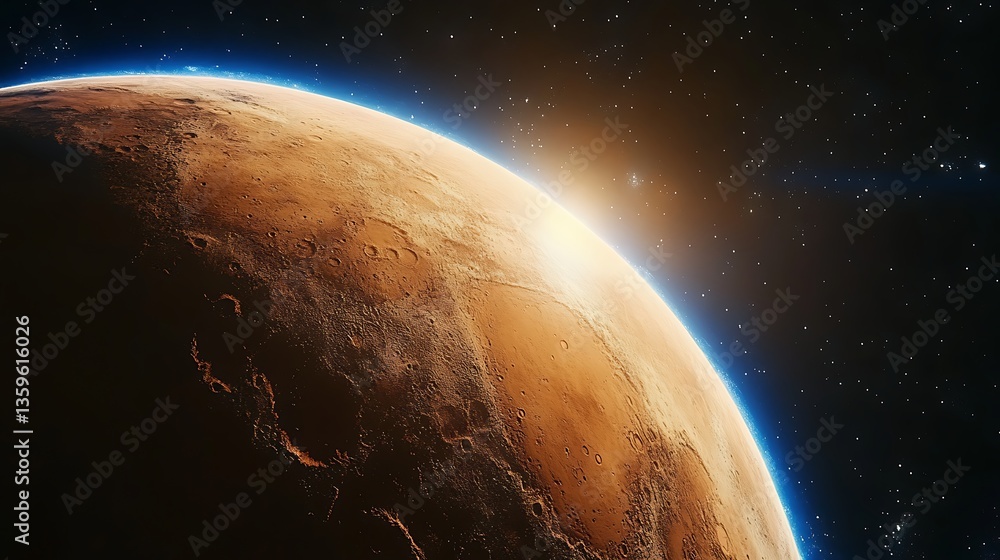 Naklejka premium Sunrise Over a Cratered Planet in Space, A stunning view of a planet's surface with a sunrise on the horizon, showcasing craters and a reddish hue
