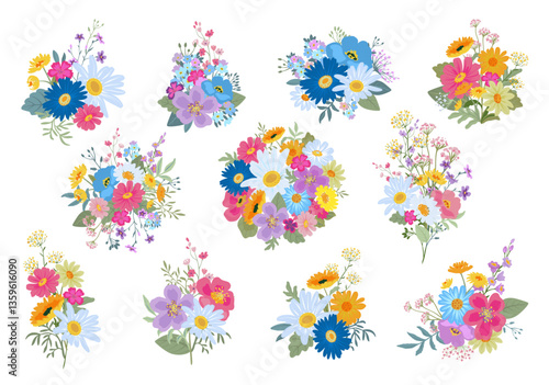 Collection of eleven vector bouquets of colorful wildflowers. Elegant floral compositions with forget-me-nots, chamomile, daisies.