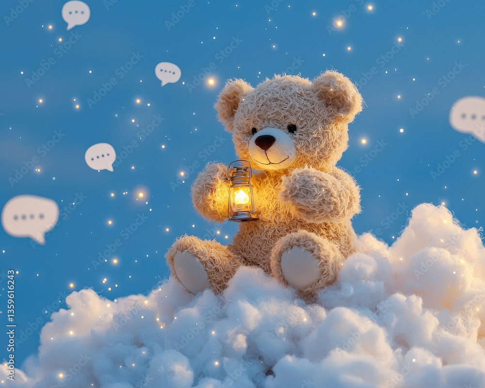The teddy bear holding a tiny glowing lantern while sitting on a mountain of speech bubbles, symbolizing persistence The teddy bear holding a tiny glowing lantern while sitting on a mountain of speech bubbles, symbolizing persistence