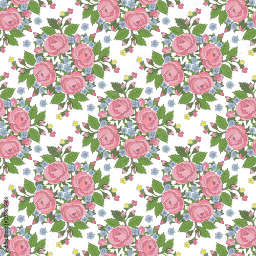 Floral colorful seamless pattern with roses, vintage style. Vector hand drawn illustration on transparent background.