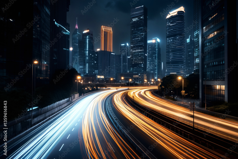 Naklejka premium City lights streak through night, illuminating urban skyline, skyscrapers, and streets with speed and vibrant energy.