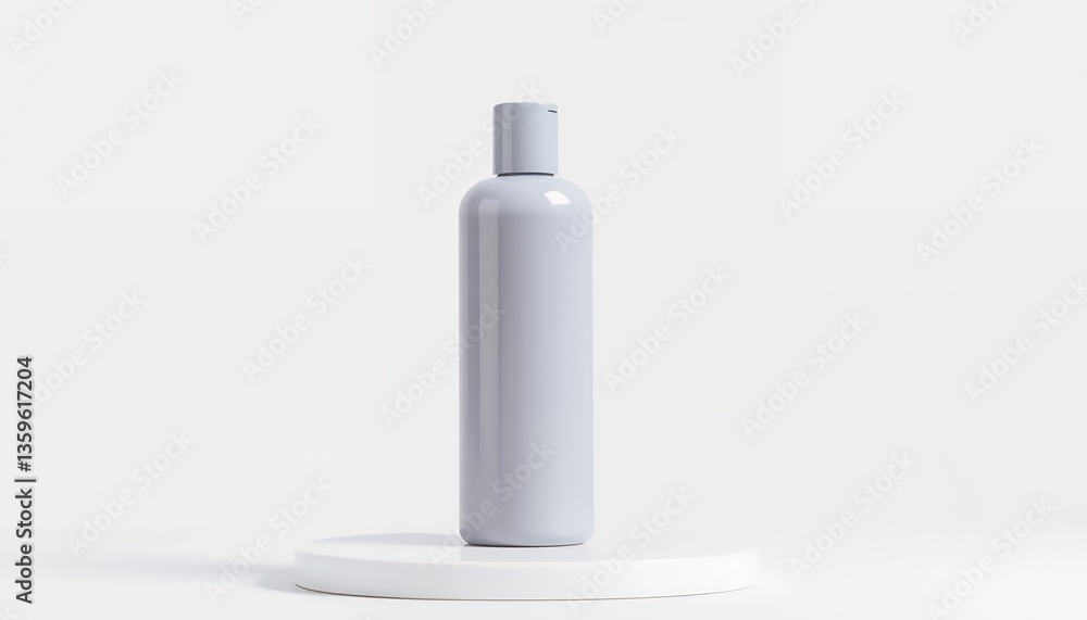Elegant Gray Shampoo Bottle Mockup on White Platform Against White Background: Product Presentation for Beauty and Cosmetics Elegant Gray Shampoo Bottle Mockup on White Platform Against White Background: Product Presentation for Beauty and Cosmetics