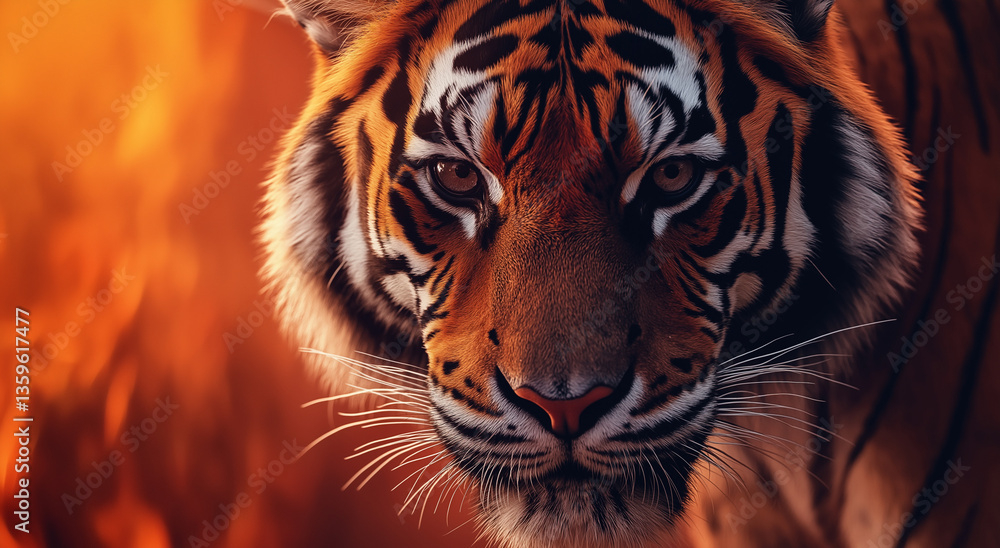 Obraz premium Tigre majestoso olhando com olhar intenso contra um fundo vibrante, capturando o poder e a graça do maior felino da natureza em detalhes impressionantes