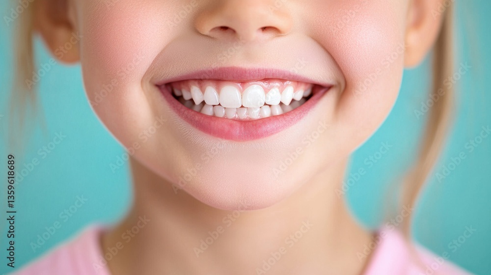 Fototapeta premium Close up of a Young Girl's Bright Smile Against Teal Background