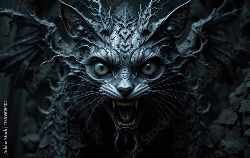 Creepy Black Cat with Wings and Sharp Teeth Growling Close Up