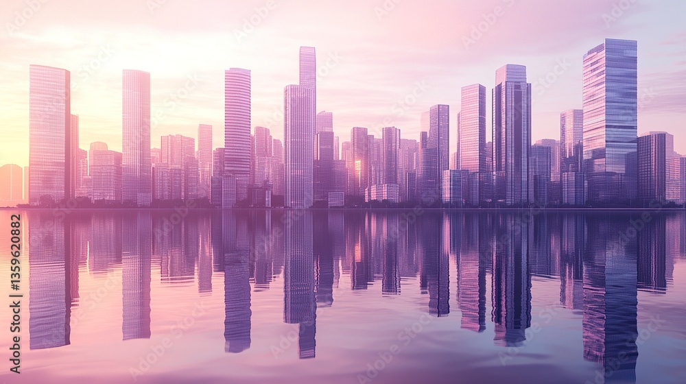 Fototapeta premium A quiet cityscape with modern high-rises reflecting the soft lavender and peach hues of a sunset, the still water below mirroring the skyline in gentle detail