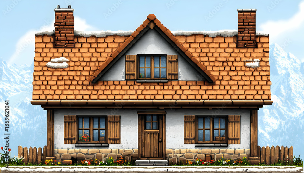 Fototapeta premium Pixelated European Cottage With Snow Covered Roof
