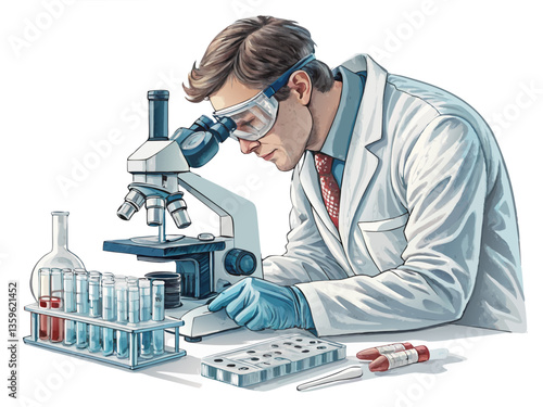 A biomedical scientist using advanced research tools, isolated on white background.
