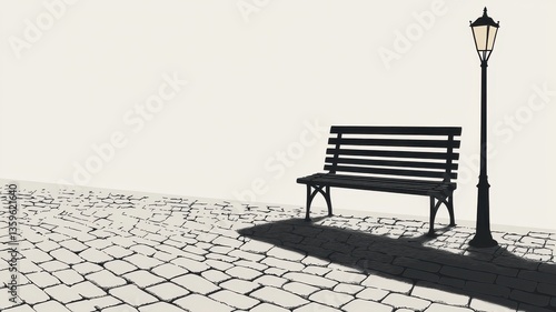 Wallpaper Mural Empty park bench silhouette cobblestone street streetlight shadow peaceful urban scene Torontodigital.ca