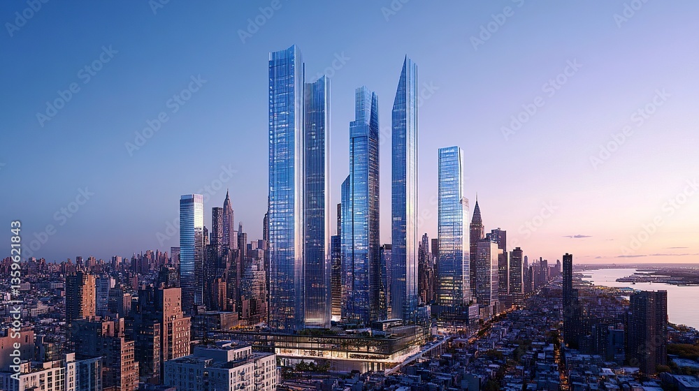 Obraz premium A sleek 3D model rendering of a modern city skyline, featuring smooth blue-toned skyscrapers and clean lines, a gradient blue sky enhancing the futuristic city landscape 
