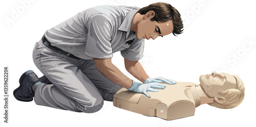 A medical professional performing CPR on a training mannequin, isolated on white background.
