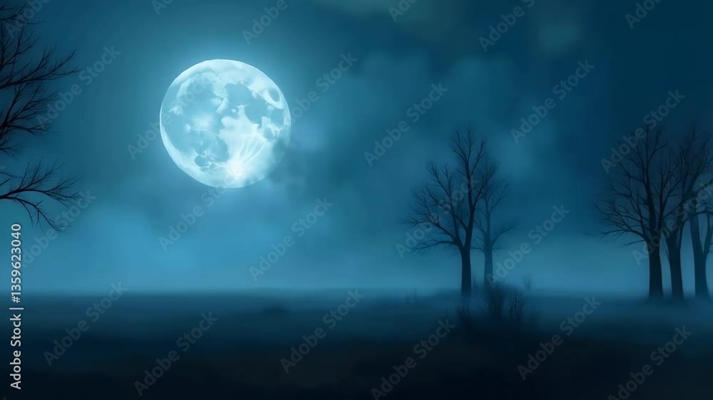 A dark and misty barren landscape under full moon A dark and misty barren landscape under full moon