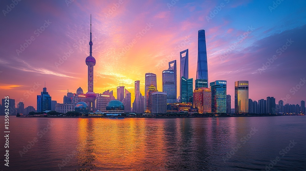 Obraz premium A stunning panorama of the capital city, its iconic skyline glowing with modern skyscrapers and neon signs, the heart of commerce and technology pulsing with activity, set under a radiant sunset sky.