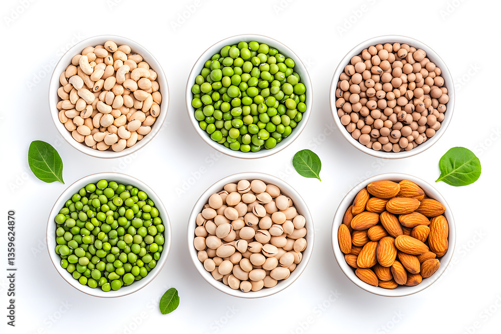 White bowls with nuts, peas, soybeans, cashews and peanuts, top view, isolated on white background, White bowls with nuts, peas, soybeans, cashews and peanuts, top view, isolated on white background,