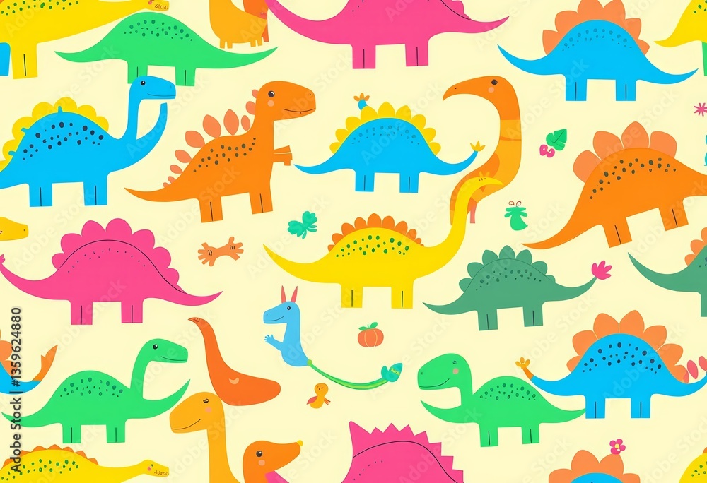 Fototapeta premium Abstract seamless vector pattern featuring colorful, playful dinosaurs on a bright background, ideal for kids' apparel, empty space, bright