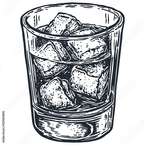 Vintage engraving style vector illustration of a whiskey glass with ice cubes. Detailed black and white drawing showing transparent glass texture, liquor, and ice in classic tumbler suitable for bar 