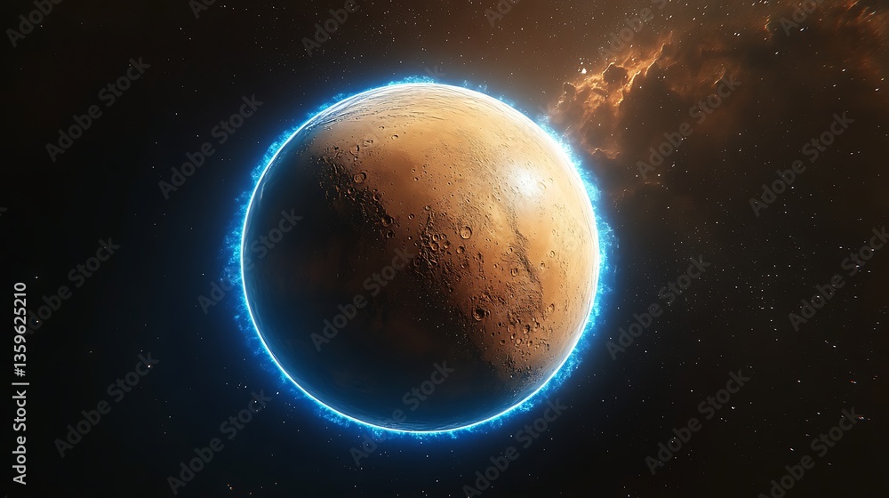 Naklejka premium Sunrise Over a Cratered Planet in Space, A stunning view of a planet's surface with a sunrise on the horizon, showcasing craters and a reddish hue