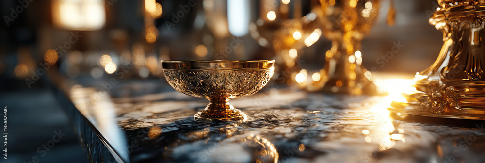 Ornate Gold Chalice on Marble Surface with Background Religious Artifacts
