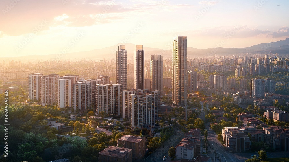 Obraz premium A sweeping cityscape showcasing a panoramic view of buildings in an urban area, sleek skyscrapers blending with traditional architecture, distant hills framing the horizon 