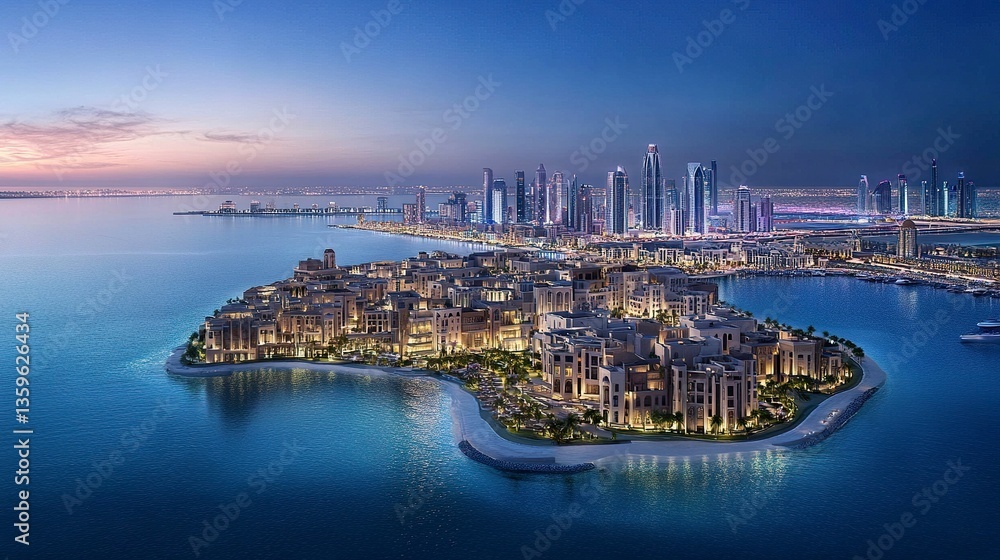 Naklejka premium A sweeping panorama of Doha at night, the skyline mix of modern towers and traditional architecture glowing brightly, the Gulf waters stretching calmly in the foreground 