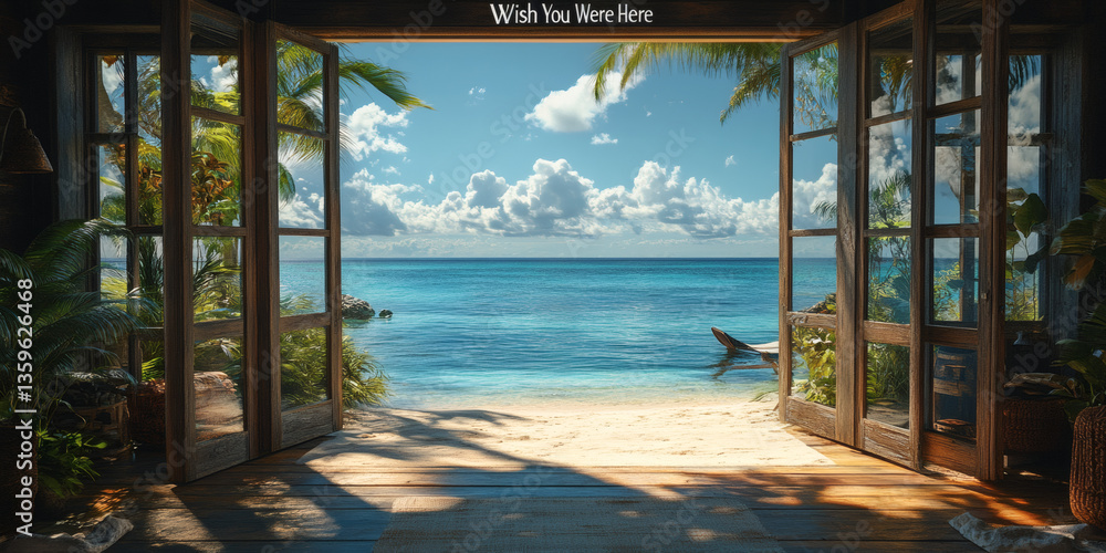 Fototapeta premium Traumhafter Blick durch geöffnete Türen auf tropischen Strand und türkisblaues Meer 