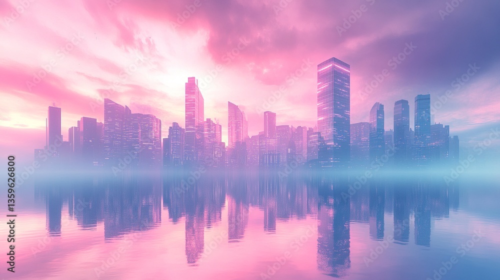 Fototapeta premium A tranquil city skyline with glass towers glowing in pastel sunset tones, their reflections shimmering softly on the water below, the scene framed by the fading light of dusk 