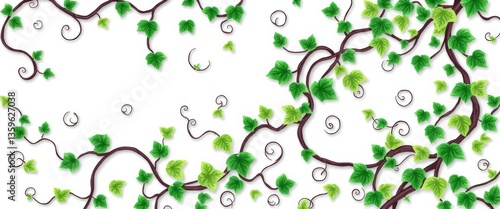 Abstract swirling Japanese ivy vine patterns in various shades of green on white background, background, organic