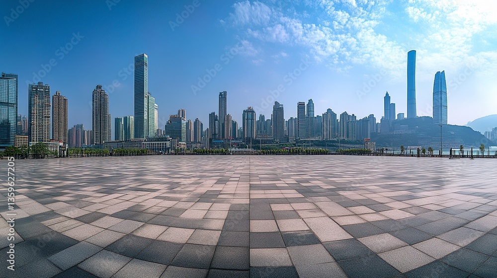 A vast empty city square in Chongqing, China, surrounded by towering skyscrapers with sleek, modern designs, the skyline reflecting in the polished stone tiles of the square A vast empty city square in Chongqing, China, surrounded by towering skyscrapers with sleek, modern designs, the skyline reflecting in the polished stone tiles of the square