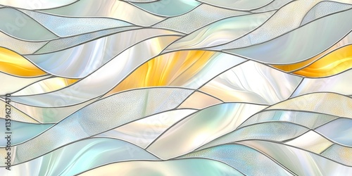 Colorful stained glass design featuring flowing waves of pastel hues and warm tones in a dynamic, fluid pattern