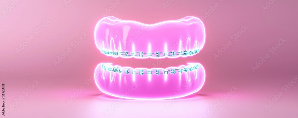 Fototapeta premium Glowing Pink Dentures with Braces on Pink Background
