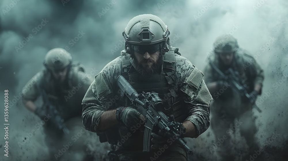 Fototapeta premium A group of armed and armored soldiers advancing through a smoky foggy battlefield prepared for intense combat and ready to carry out their military mission