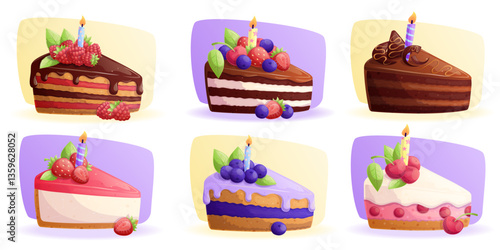 A set of pieces of various cakes with candles. The concept of pastry shop, baking, holiday, birthday. Isolated vector illustration for the design of postcards, posters, banners and posters.